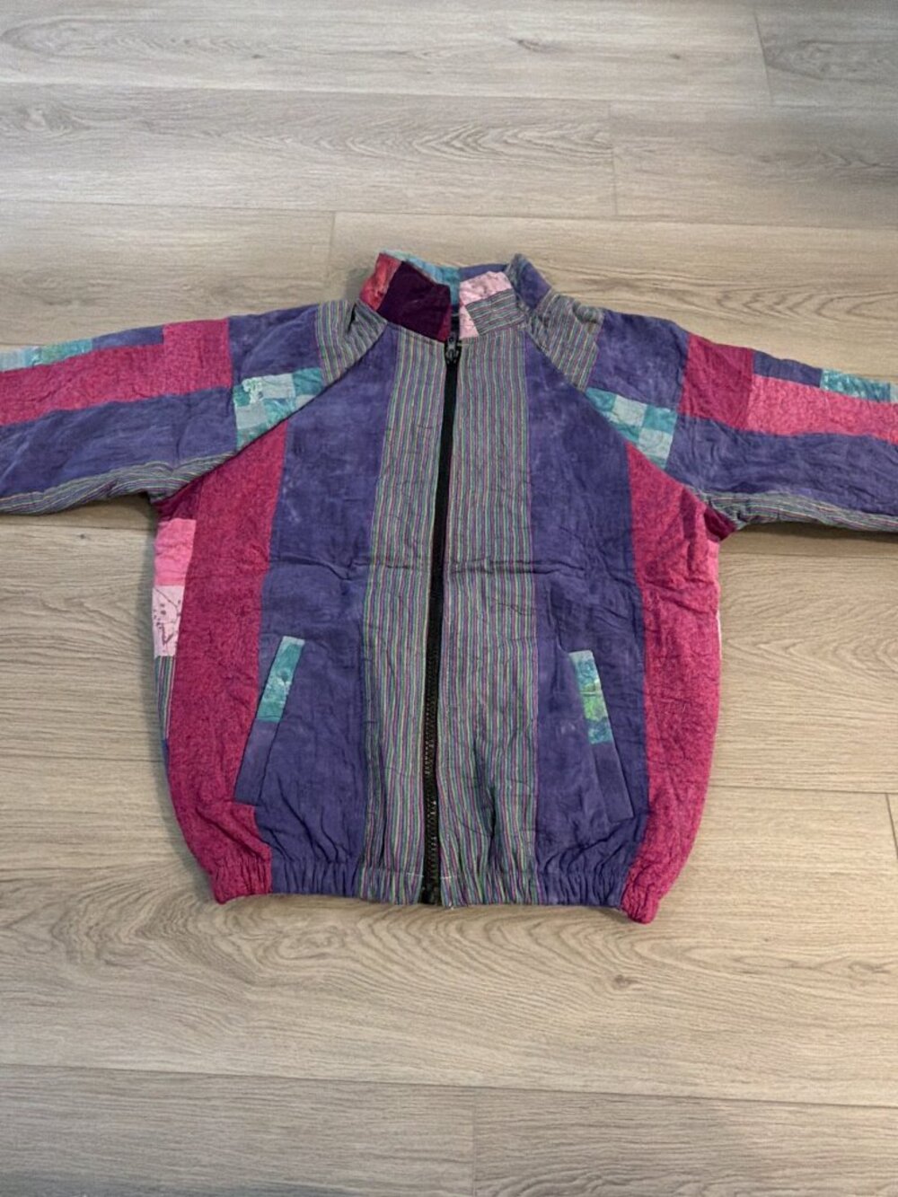 Reworked Vintage Patchwork Quilt Blanket Full Zip Jacket Purple Pink Retro L